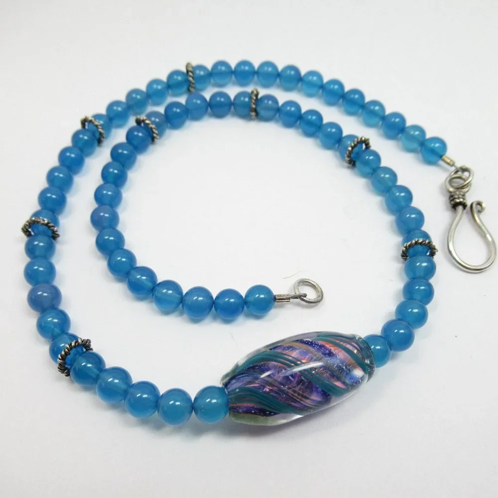 Blue Quartz Stone Necklace With Glass Bead